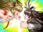  animal_ears antlers battle black_hair blonde_hair clenched_hand duel extra_ears from_side fur_collar hair_between_eyes happa_(cloverppd) kemono_friends lion_(kemono_friends) lion_ears long_hair long_sleeves looking_at_another moose_(kemono_friends) moose_ears multiple_girls necktie open_mouth plaid plaid_neckwear plaid_sleeves purple_eyes short_sleeves teeth yellow_eyes 