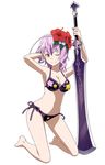  arms_up barefoot bikini breasts flower full_body hair_flower hair_ornament halter_top halterneck hand_behind_head holding holding_sword holding_weapon huge_weapon large_breasts long_hair looking_at_viewer mole mole_on_breast navel non-web_source official_art one_eye_closed purple_hair red_eyes side-tie_bikini smile solo star star_print strea swimsuit sword sword_art_online weapon 