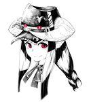  animal_ears braid closed_mouth hat horned_girl_(jaco) horns horns_through_headwear jaco long_hair looking_at_viewer monochrome necktie original red_eyes simple_background smile solo spot_color white_background 