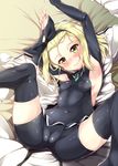 arm_warmers armpits arms_up black_hairband black_legwear black_skirt blonde_hair blush cameltoe cleft_of_venus covered_navel green_eyes hairband highres kantai_collection looking_at_viewer luigi_torelli_(kantai_collection) lying medium_hair microskirt pillow pleated_skirt skin_tight skirt solo thighhighs toyo_(toyozine2009) uit-25_(kantai_collection) white_hairband 