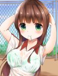  adjusting_hair alternate_costume arms_up bangs blue_sky blunt_bangs blush bra bra_through_clothes breasts brown_hair closed_mouth commentary_request day eyebrows_visible_through_hair fence gochuumon_wa_usagi_desu_ka? green_bra green_eyes gym_uniform hair_tie hair_tie_in_mouth highres large_breasts long_hair looking_at_viewer maru_usagi_(maruusagi22) mouth_hold outdoors see-through shirt short_sleeves sidelocks sky smile solo ujimatsu_chiya underwear upper_body wet wet_clothes wet_shirt white_shirt 