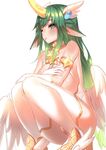  ;p angel_wings armlet bare_shoulders blush breasts choker elbow_gloves feet_out_of_frame gloves green_eyes green_hair hair_ornament huatu_jiang large_breasts league_of_legends long_hair looking_at_viewer magical_girl one_eye_closed sideboob simple_background solo soraka sparkle squatting star_guardian_soraka thighhighs tongue tongue_out very_long_hair white_background wings 