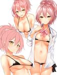  anza_tomo bangs bare_shoulders bikini bikini_under_clothes black_bikini blush bow bowtie breasts cleavage collarbone dress_shirt hair_between_eyes hair_bow highres hips idolmaster idolmaster_cinderella_girls jougasaki_mika looking_at_viewer looking_to_the_side medium_breasts micro_bikini multiple_views navel off_shoulder open_clothes open_mouth open_shirt parted_lips pink_bow pink_hair ponytail shirt side-tie_bikini simple_background sleeves_rolled_up smile strap_gap striped striped_bow striped_neckwear swimsuit thigh_gap thighs unbuttoned unbuttoned_shirt white_background yellow_eyes 