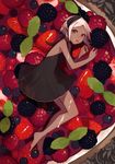  bare_shoulders barefoot berry black_dress blackberry_(fruit) blueberry commentary currant dark_skin dress food from_above fruit fruit_tart halterneck highres horns in_food leaf looking_at_viewer minigirl mint original pointy_ears raspberry red_eyes shibainu short_hair solo strawberry tart_(food) white_hair 