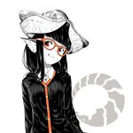  animal_ears bangs blunt_bangs buttons glasses hat head_tilt horned_girl_(jaco) jacket jaco limited_palette logo long_hair long_sleeves looking_at_viewer orange-framed_eyewear original parted_lips red_eyes shirt simple_background smile solo spot_color upper_body white_background 