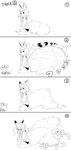  4koma animal_ear_fluff animal_ears bangs bare_legs bare_shoulders barefoot blunt_bangs blush closed_mouth comic embarrassed food fox_ears fox_girl fox_girl_(jaco) fox_tail frown greyscale hands_on_own_knees highres jaco large_tail long_hair looking_down monochrome multiple_views numbered_panels onomatopoeia original ribbed_sweater seiza short_eyebrows short_hair_with_long_locks shorts sidelocks simple_background sitting sparkle sweater tail tail_wagging thick_eyebrows translation_request white_background 