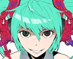  breasts close-up colorized commentary_request face green_hair grin hair_between_eyes hatsune_miku headphones heterochromia highres jaco long_hair looking_at_viewer medium_breasts pink_lips simple_background smile solo twintails vocaloid white_background 
