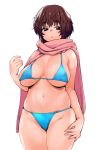  1girl :o arm_at_side bangs bikini black_eyes blue_bikini blush breasts breasts_apart brown_hair cowboy_shot eyebrows_visible_through_hair large_breasts looking_down moru_(monaka) navel original plump scarf short_hair simple_background skindentation solo stomach swimsuit thick_eyebrows white_background 