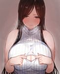  bare_shoulders blush breasts brown_eyes brown_hair c.cu cleavage cleavage_cutout commentary_request large_breasts long_hair looking_at_viewer original paizuri_invitation partial_commentary plump ribbed_sweater sleeveless sleeveless_turtleneck solo sweater turtleneck upper_body 