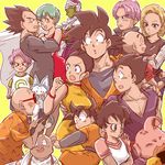  6+boys android_18 annoyed back_turned bald black_eyes black_hair blonde_hair blue_eyes blue_hair blush brothers bulma cape chi-chi_(dragon_ball) chinese_clothes closed_eyes couple dougi dragon_ball dragon_ball_z dress earrings eating expressionless eyebrows_visible_through_hair family father_and_son happy highres jacket jewelry kuririn looking_at_another looking_away majin_buu miiko_(drops7) mother_and_son multiple_boys multiple_girls muten_roushi nervous oolong open_mouth piccolo puar purple_hair shirt short_hair siblings simple_background smile son_gohan son_gokuu son_goten sunglasses sweatdrop trunks_(dragon_ball) turban vegeta videl yellow_background 