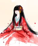  bangs black_hair closed_mouth commentary expressionless floral_print hair_ornament highres japanese_clothes kimono long_hair long_sleeves mugo_(mugokii) obi original red red_kimono sash simple_background sketch solo upper_body white_background white_skin wide_sleeves yellow_eyes yukata 