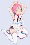  3; ;) armpits arms_up bangs blue_eyes breasts china_dress chinese_clothes cleavage cleavage_cutout dress earrings from_above full_body garter_straps hi_iro jewelry medium_breasts no_shoes one_eye_closed original parted_bangs pelvic_curtain pink_hair short_hair side_slit simple_background sitting smile solo thighhighs white_dress white_legwear yokozuwari 
