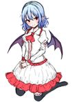  ascot bat_wings black_legwear blue_hair blush closed_mouth commentary frilled_shirt_collar frills full_body highres juliet_sleeves junior27016 kneehighs kneeling long_sleeves looking_at_viewer pointy_ears puffy_sleeves red_eyes remilia_scarlet shirt short_hair skirt smile solo touhou unfinished v_arms white_shirt white_skirt wings 