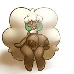  1girl big_hair breasts dark_skin elfdrago full_body furry highres huge_breasts long_hair looking_up nipples no_humans nude open_mouth orange_eyes personification pokemon pokemon_(creature) pokemon_bw pussy simple_background smile solo standing uncensored whimsicott white_background white_hair 