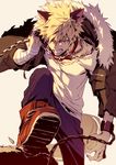  alternate_costume angry animal_ears bakugou_katsuki bandages blonde_hair boku_no_hero_academia boots chain clenched_teeth collar fang frown fur_trim glaring halloween hegi jacket male_focus pants red_eyes shirt simple_background spiked_hair tail teeth white_background white_shirt wolf_ears wolf_tail 