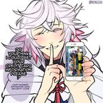  bishounen cellphone credit_card english fate/grand_order fate/stay_night fate_(series) finger_to_mouth fingernails flat_color half-closed_eye hands_up head_tilt highres holding holding_cellphone holding_phone hood index_finger_raised kyou_(ningiou) lavender_eyes light_blush long_hair looking_at_viewer male_focus merlin_(fate) one_eye_closed open_mouth phone playing_games robe simple_background smartphone smile solo speech_bubble turtleneck twitter_username upper_body white_background white_hair white_robe 