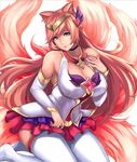  absurdres ahri animal_ears armpits bare_shoulders blue_eyes blush breasts choker cleavage closed_mouth commentary_request detached_sleeves fox_ears fox_tail hair_ornament headpiece highres huge_breasts league_of_legends long_hair multiple_tails red_hair solo star_guardian_ahri tail thighhighs very_long_hair white_legwear yashichii 