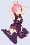  3; ;) armpits arms_up bangs black_dress black_legwear blue_eyes breasts china_dress chinese_clothes cleavage cleavage_cutout dress earrings from_above full_body garter_straps hi_iro jewelry medium_breasts no_shoes one_eye_closed original parted_bangs pelvic_curtain pink_hair short_hair side_slit simple_background sitting smile solo thighhighs yokozuwari 