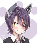  :3 absurdres blush character_name closed_mouth dated eyebrows_visible_through_hair eyepatch headgear highres kantai_collection looking_away necktie one_eye_covered pixiv_username plasbott purple_hair school_uniform short_hair signature smile solo tenryuu_(kantai_collection) yellow_eyes 