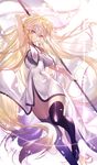  adapted_costume armpits blonde_hair blue_eyes china_dress chinese_clothes dress fate/apocrypha fate/grand_order fate_(series) flag headpiece highres jeanne_d'arc_(fate) jeanne_d'arc_(fate)_(all) long_hair shinooji side_slit standard_bearer thighhighs very_long_hair zettai_ryouiki 