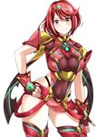  blush breasts covered_navel fingerless_gloves gloves hair_ornament hand_on_hip highres homura_(xenoblade_2) jewelry large_breasts looking_at_viewer red_eyes red_hair sakuma_shiiya short_hair shorts sidelocks simple_background smile solo tiara white_background xenoblade_(series) xenoblade_2 