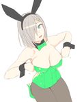  adjusting_clothes adjusting_leotard animal_ears bare_shoulders black_collar black_hairband blue_eyes bow bowtie breasts bunny_ears bunnysuit detached_collar fake_animal_ears green_bow green_footwear green_leotard green_neckwear grey_hair grey_legwear hair_ornament hair_over_one_eye hairband hairclip hamakaze_(kantai_collection) high_heels highres kantai_collection kneeling large_breasts leotard looking_at_viewer medium_hair motion_lines pantyhose parted_lips shoes simple_background solo white_background wrist_cuffs yuuji_(and) 