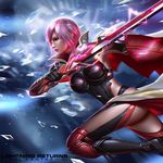  armor boobplate boots breastplate breasts cape copyright_name crystal final_fantasy final_fantasy_xiii gloves glowing glowing_weapon knee_pads liang_xing lightning_farron lightning_returns:_final_fantasy_xiii looking_to_the_side medium_breasts pink_hair popped_collar running shards shield solo sweat sword thigh_boots thighhighs weapon 