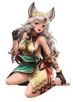  :d animal_ears barbariank bare_shoulders barefoot between_breasts black_gloves breasts claw_pose commentary dark_skin erune eyebrows_visible_through_hair fang feathers flower full_body gloves granblue_fantasy green_eyes grey_hair hair_feathers hair_flower hair_ornament long_hair looking_at_viewer medium_breasts nemone open_mouth pouch sideboob sitting smile solo strap_cleavage teeth transparent_background wavy_hair 
