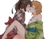  ahoge akizuki_(kantai_collection) blush camisole closed_eyes couple french_kiss hair_ornament highres implied_fingering japanese_clothes kantai_collection kimono kiss multiple_girls oboro_(kantai_collection) off_shoulder orange_hair ponytail saliva saliva_trail short_hair sweat tongue tongue_out yukata yuri yuutama2804 