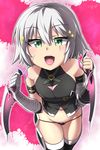  absurdres bandaged_arm bandages bare_shoulders black_legwear black_panties blush close-up commentary_request dual_wielding fate/apocrypha fate/grand_order fate_(series) gloves green_eyes highres holding jack_the_ripper_(fate/apocrypha) kirisame_mia knife looking_at_viewer navel open_mouth panties scar short_hair silver_hair smile solo sparkle sparkling_eyes thighhighs underwear 