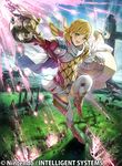  bangs blonde_hair braid cape commentary_request company_connection copyright_name crown_braid daigoman day eyebrows_visible_through_hair fire_emblem fire_emblem_cipher fire_emblem_heroes gloves green_eyes holding holding_weapon leg_up long_hair looking_at_viewer multicolored_hair open_mouth outdoors pink_hair polearm puffy_sleeves sharena shield shorts skirt smile solo spear thighhighs weapon 