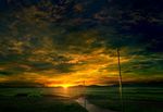  cloud cloudy_sky commentary field flower flower_field gradient_sky horizon mks no_humans orange_sky original outdoors power_lines scenery sky sunlight sunset telephone_pole valley 