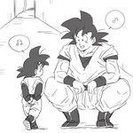  arms_behind_back back_turned black_eyes boots dougi dragon_ball dragon_ball_z father_and_son greyscale happy kneeling looking_at_another male_focus miiko_(drops7) monochrome multiple_boys musical_note open_mouth short_hair simple_background smile son_gokuu son_goten speech_bubble spiked_hair white_background wristband 