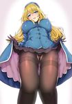  atago_(kantai_collection) beret black_gloves black_panties blonde_hair blue_dress blue_eyes blue_hat blue_jacket blush breasts buttons cameltoe covered_nipples dress dress_lift eyebrows_visible_through_hair feet_out_of_frame frilled_dress frills from_below gloves gradient gradient_background grey_background hair_between_eyes hat highres jacket kantai_collection katsurai_yoshiaki large_breasts long_hair long_sleeves looking_at_viewer open_mouth panties panties_under_pantyhose pantyhose simple_background solo thighband_pantyhose underbust underwear 