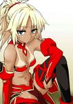  bandeau blonde_hair braid commentary_request fate/grand_order fate_(series) french_braid green_eyes hair_ornament hair_scrunchie looking_at_viewer midriff mordred_(fate)_(all) mordred_(swimsuit_rider)_(fate) ponytail red_scrunchie robisonjr scrunchie solo tan tanline 