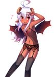  1girl ahoge amoriro breasts chemise demon_girl demon_wings female garter_straps horns lace lingerie nipples open_mouth original panties pointy_ears red_skin simple_background small_breasts solo thighhighs v white_background white_hair wings 