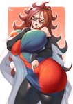  alternate_breast_size android_21 ass bare_shoulders black-framed_eyewear blue_eyes breast_press breast_squeeze breasts brown_hair cunnilingus_gesture curly_hair curvy deep_skin detached_sleeves dragon_ball dragon_ball_fighterz earrings glasses hoop_earrings huge_breasts ion_(cation) jewelry labcoat long_hair looking_at_viewer naughty_face pantyhose pointing pointing_down ring solo thick_thighs thighs tongue wide_hips 