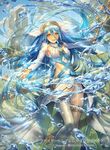  aqua_(fire_emblem_if) barefoot blue_hair cuboon dress elbow_gloves fingerless_gloves fire_emblem fire_emblem_cipher fire_emblem_if gloves hair_between_eyes jewelry long_hair looking_at_viewer official_art open_mouth smile solo veil very_long_hair yellow_eyes 