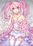  argyle_cutout blue_eyes bouquet breasts cleavage collarbone cowboy_shot dress earrings eyebrows_visible_through_hair flower garter_straps hair_between_eyes hair_flower hair_ornament hatsune_miku holding holding_bouquet holding_hair itsuki_(yishu) jewelry long_hair looking_at_viewer medium_breasts necklace open_mouth pink_flower pink_hair pleated_dress shiny shiny_clothes shiny_skin short_dress sleeveless sleeveless_dress solo standing strapless strapless_dress thighhighs twintails very_long_hair vocaloid white_dress white_legwear 