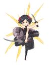  armband black_eyes black_hair black_legwear crossed_arms dual_wielding fighting_stance flower full_body hair_flower hair_ornament highres holding holding_sword holding_weapon katana looking_at_viewer makaria official_art princess_principal princess_principal_game_of_mission short_hair solo sword toudou_chise transparent_background weapon 