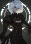  black_dress black_hairband blue_eyes breasts cleavage cleavage_cutout dress facing_viewer feather-trimmed_sleeves hairband highres juliet_sleeves leotard long_sleeves medium_breasts mole mole_under_mouth nier_(series) nier_automata no_blindfold parted_lips puffy_sleeves raikoart short_hair silver_hair solo standing white_leotard yorha_no._2_type_b 