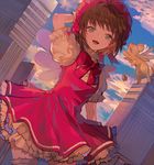  bad_id bad_twitter_id blue_sky brown_hair building cardcaptor_sakura dal_(edalnem) dress green_eyes kero kinomoto_sakura looking_at_viewer outdoors short_hair sky skyscraper smile traditional_media watercolor_(medium) 