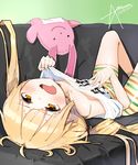  1girl 2016 blonde_hair brown_hair clothes_writing dated futaba_anzu idolmaster idolmaster_cinderella_girls long_hair low_twintails lying noria_(turudog) on_back on_couch open_mouth shiny shiny_clothes shiny_skin shirt_pull shorts signature striped striped_legwear striped_shorts stuffed_animal twintails white_shirt 
