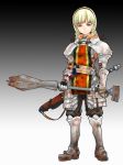  1girl armor blonde_hair blood bloody_clothes bloody_weapon blue_eyes braid commentary_request fantasy faulds full_body gauntlets gradient gradient_background greaves hairband holding holding_mace holding_weapon le0 mace original partial_commentary scabbard sheath sheathed solo tabard twin_braids weapon 