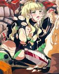  1girl blonde_hair blood blush breasts cum cum_in_mouth ejaculation emilia_edelman kneeling large_breasts long_hair lostunicorn restrained tears torn_clothes wavy_hair 