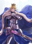  armor arthur_pendragon_(fate) bangs belt belt_buckle blonde_hair blue_cloak blue_ribbon breastplate brown_belt buckle cape closed_mouth crown diffraction_spikes excalibur_(fate/prototype) fate/grand_order fate/prototype fate_(series) faulds fur-trimmed_cloak fur-trimmed_sleeves fur_trim gauntlets glowing greaves green_eyes hair_ribbon hand_up holding holding_sword holding_weapon long_sleeves looking_at_viewer male_focus pauldrons rainbow ribbon serious solo standing sword tabard weapon wind yahako 