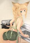  animal_ears apron aqua_eyes ass bangs bare_arms bare_shoulders batta_(kanzume_quality) blonde_hair blunt_bangs blush breasts closed_mouth commentary_request cowboy_shot denim denim_shorts eyebrows_visible_through_hair fox_ears fox_girl fox_wife_(batta_(kanzume_quality)) green_shorts indoors kitchen leaning_on_object long_hair looking_at_viewer looking_back nib_pen_(medium) no_bra no_shirt ponytail shorts sideboob sink small_breasts smile solo standing traditional_media 