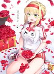  :d ahoge blonde_hair blush buruma eighth_note eyebrows_visible_through_hair fate/grand_order fate_(series) green_eyes gym_uniform highres looking_away musical_note name_tag nero_claudius_(fate) nero_claudius_(fate)_(all) olympian_bloomers open_mouth petals red_buruma red_headband shoes short_hair short_sleeves sitting smile solo translation_request wariza xenonstriker 