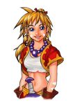  artist_request blonde_hair blue_eyes breasts chrono_cross gloves jewelry kid_(chrono_cross) lips long_hair midriff multi-tied_hair navel necklace ponytail skirt smile solo source_request vest 