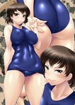  adjusting_clothes adjusting_swimsuit arm_behind_back ass ayato back blue_swimsuit blush breasts brown_eyes brown_hair caesar_(girls_und_panzer) closed_mouth covered_navel covered_nipples girls_und_panzer hand_up highres large_breasts looking_at_viewer md5_mismatch multiple_views old_school_swimsuit one-piece_swimsuit school_swimsuit shiny shiny_clothes short_hair smile swimsuit 